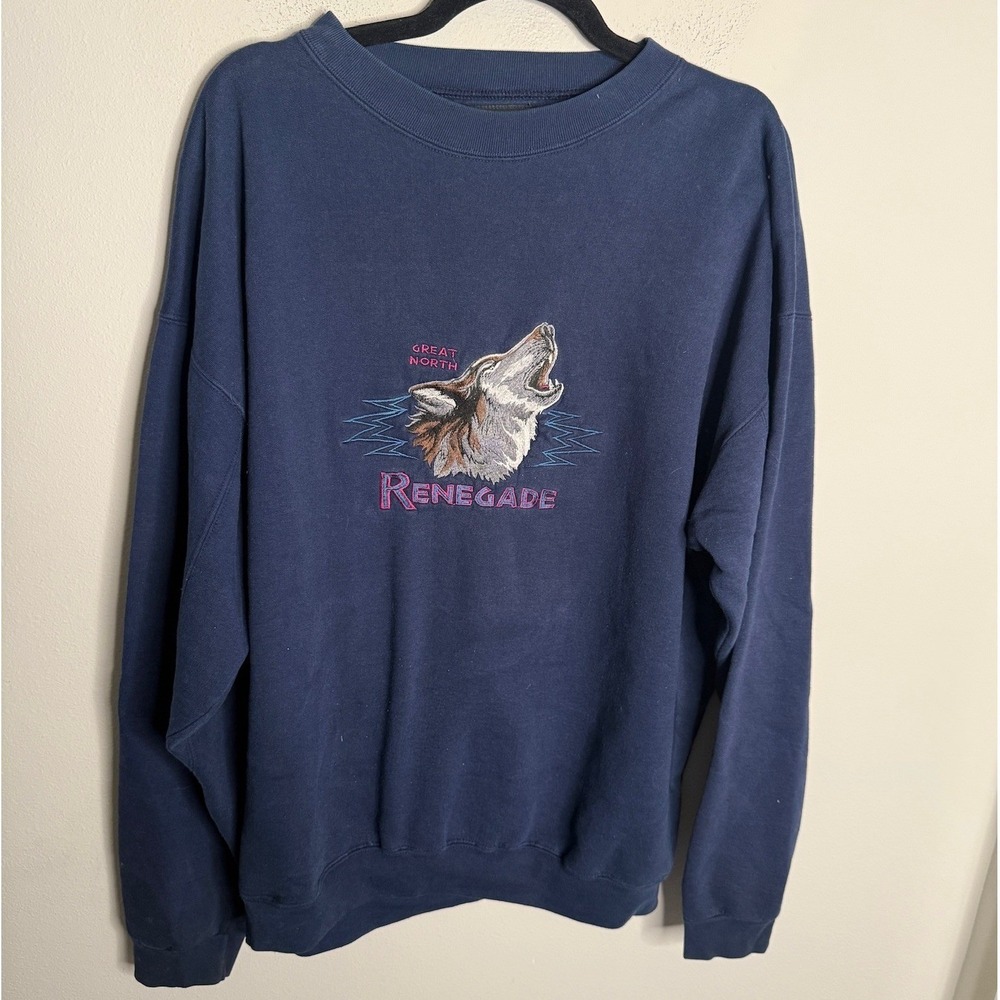 Vintage Headwaters Unisex Large‎ Navy Wolf Embroidered Sweatshirt Casual Retro